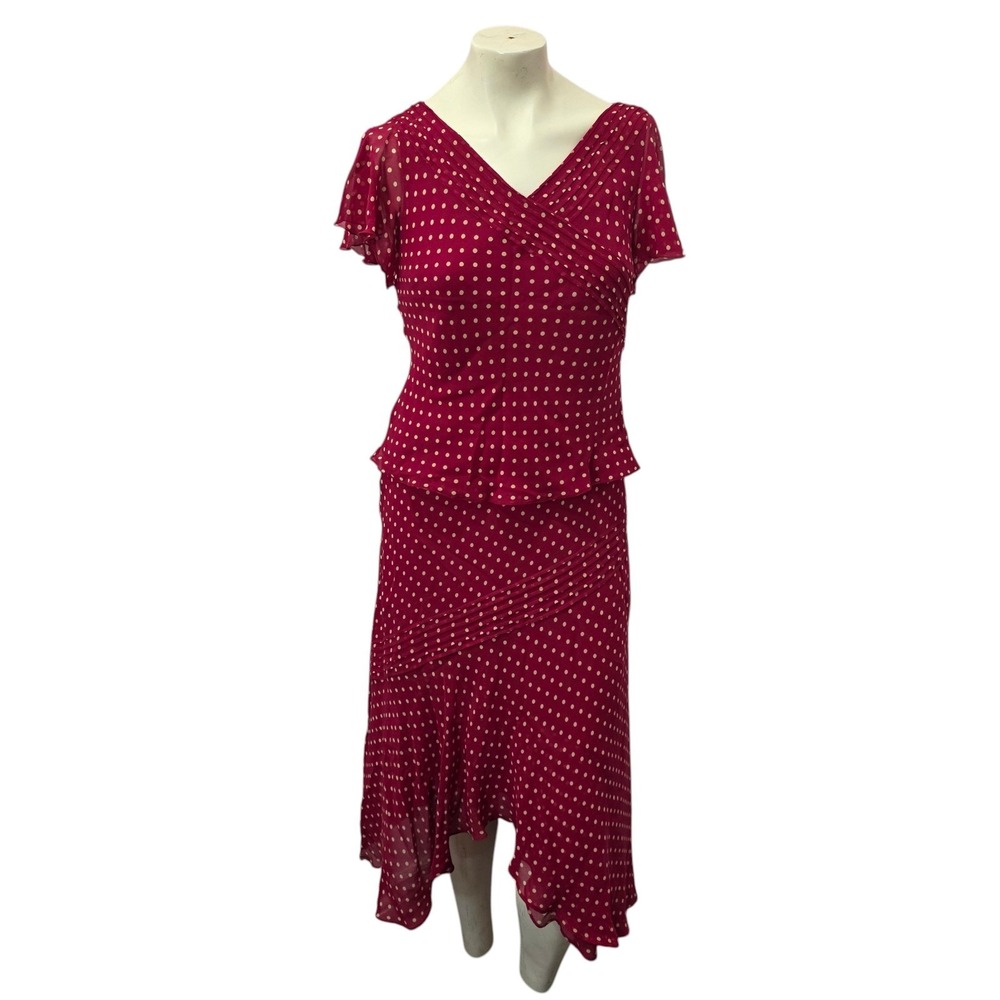 Adrianna Papell 2 Pc Silk Skirt Set Size 6 Burgundy Polka Dot Occasion